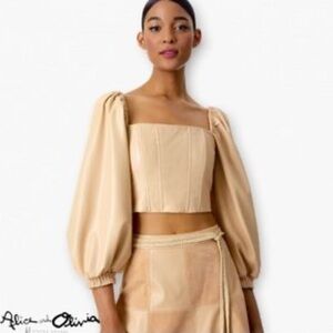 Alice + Olivia Square Neck Vegan Leather Puff Sleeve Crop Top in Beige